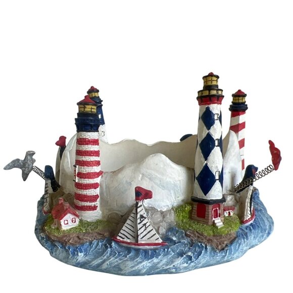 Candle Holder Nautical-Themed Lighthouse Sailboat and Flying Birds Resin - Picture 1 of 10